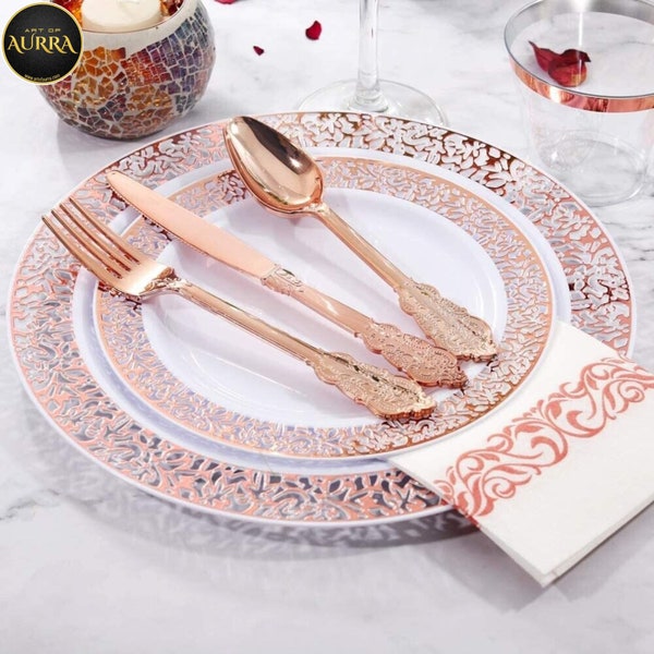 175 Pcs Rose Gold Disposable Plates Tableware Dinner Set-50 Rose Gold Lace Plastic Plates-25 Plastic Cups-25 Linen Like Paper Napkins