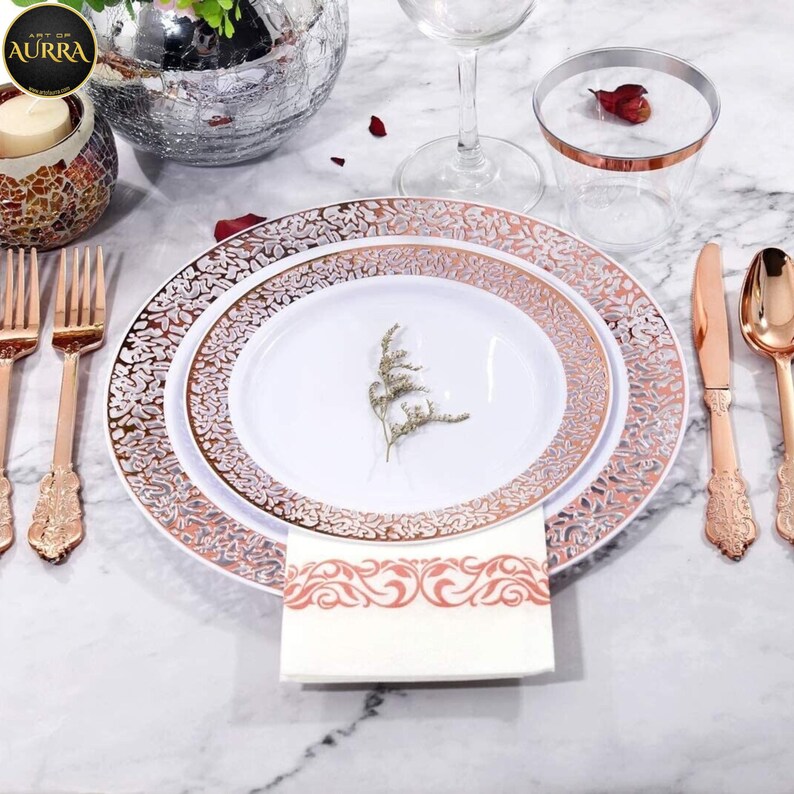 175 Pcs Rose Gold Disposable Plates Tableware Dinner Set50 Rose Gold Lace Plastic Plates25