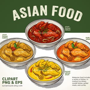 Asian Food Clipart PNG, EPS Vector Graphics, Ilustrasi Digital Makanan Malaysia, Singapore, Indonesian, Personal and Commercial Use