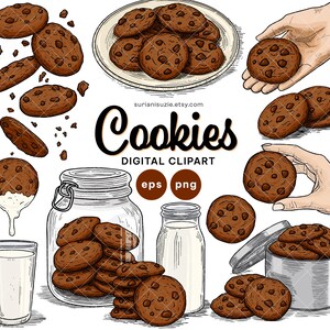 Clipart de biscuits aux pépites de chocolat : ensemble PNG et EPS dessinés à la main (téléchargement numérique)