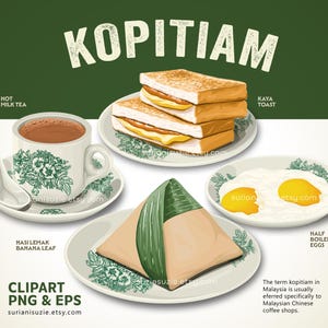 Kopitiam Frühstück Clipart: Malaysisches Essen Digital Art (PNG, EPS)