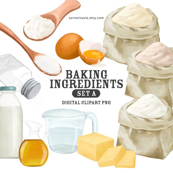 Baking Ingredients Set A, Digital Clipart PNG, Cooking Clip Art, Planner Sticker, Baker, Kitchen, Hand Drawn Graphics, Commercial Use