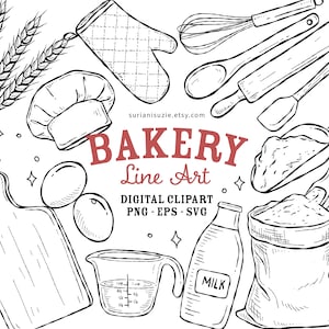 May include: Black and white line art illustration of bakery items, including a chef's hat, a rolling pin, a whisk, a measuring cup, a bag of flour, a milk bottle, a spatula, a wooden chopping board, and wheat stalks. The text "BAKERY Line Art" is written in red.