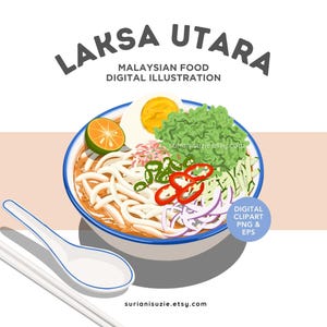 Laksa Utara, Ilustrasi Digital Makanan Malaysia, Singapore and Indonesian, PNG, EPS Vector Graphics, Commercial Use
