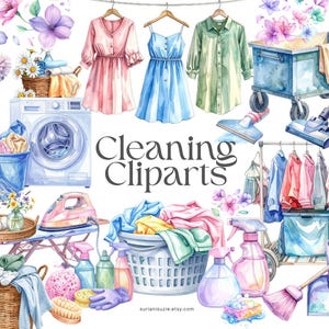 May include: Watercolor illustration featuring cleaning supplies and clothing. Includes a washing machine, dresses, a laundry cart, and a clothes rack. The text "Cleaning Cliparts" is displayed in the center of the image. The color palette is soft, with pastel pinks, blues, and greens.