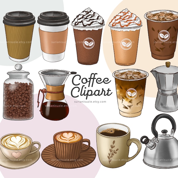 Coffee Clipart PNG, Digital Clip Art, Planner Cliparts, Drink Illustration Bundle, Hand Drawn Sticker Graphics, Commercial Use