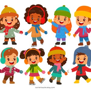Può includere: Otto bambini dei cartoni animati che indossano abiti invernali, tra cui cappelli, sciarpe e guanti. Tutti i bambini sorridono e alcuni tengono palle di neve.