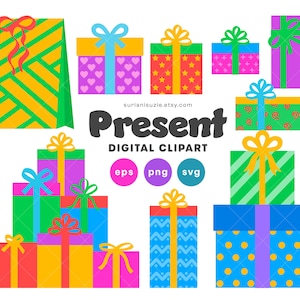 Present Clipart Set: Colorful Gift Box Illustrations (PNG, SVG, EPS Digital Download