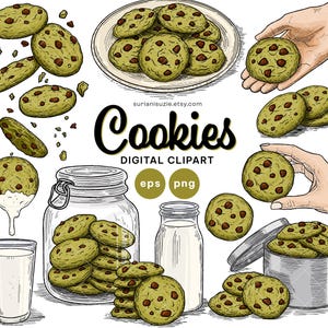 Clipart Cookie Chip Matcha : lot d&#39;illustrations dessinées à la main (PNG & EPS)