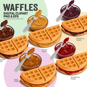 Puede incluir: Un conjunto de clipart digital de seis gofres diferentes con varios rellenos, incluyendo chocolate, mantequilla de cacahuete, kaya, arándanos y fresas. Los gofres están ilustrados en un estilo de dibujos animados y son perfectos para usar en proyectos digitales.
