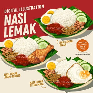 Nasi Lemak Daun Pisang, Ilustrasi Digital Makanan Malaysia and Singapore, PNG, EPS Vector Graphics, Commercial Use