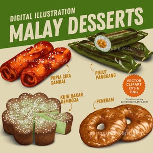 Kuih Traditional Malaysian Food Clipart, PNG, EPS Vector Graphics, Popia Sambal, Pulut Panggang, Kuih Bakar Kemboja, Peneram, Commercial Use