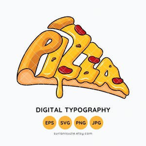 Puede incluir: Ilustración digital de una porción de pizza con la palabra «PIZZA» formada dentro de la porción. La pizza tiene queso amarillo, pepperoni rojo y una corteza marrón. El texto «DIGITAL TYPOGRAPHY» está debajo, junto con iconos de tipo de archivo.