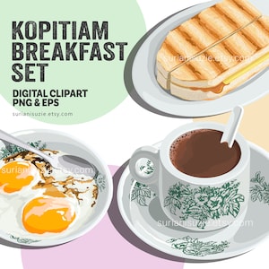 Kopitiam Breakfast Clipart, Ilustrasi Digital Makanan Malaysia, Singapore and Indonesian, PNG, EPS Vector Graphics, Commercial Use