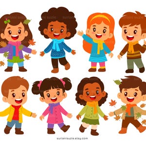 Può includere: Otto bambini dei cartoni animati che indossano vestiti invernali e cappelli di diversi colori. Tutti i bambini sorridono e alcuni tengono delle foglie.