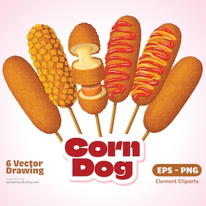 Puede incluir: Ilustración de seis perritos de maíz en palitos, algunos lisos, otros con ketchup o mostaza. Uno está cortado, revelando queso y salchicha. El texto "Corn Dog" está en rojo, con una fuente estilizada.