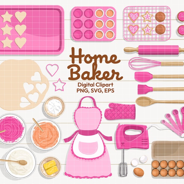 Home Baker Clipart Set, PNG, SVG, EPS Vector Graphics, Hand Drawn Baking Clip Art, Kitchen Tools Supplies, Home Baking, Commercial Use
