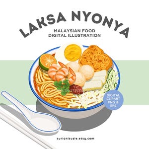 Laksa Nyonya, Curry Laksa, Ilustrasi Digital Makanan Malaysia and Singapore, PNG, EPS Vector Graphics, Commercial Use