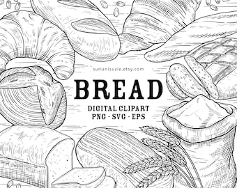 Bread Line Art Clipart, PNG, SVG, EPS Vector Graphics Black and White, Vector Graphic, Clip Art, Bakery Hand Drawn Graphics, Commercial Use