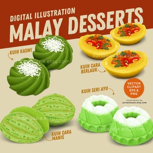 Kuih Traditional Malaysian Food Clipart, PNG, EPS Vector Graphics, Seri Ayu, Kuih Cara Berlauk, Kuih Cara Manis, Kuih Kaswi, Commercial Use