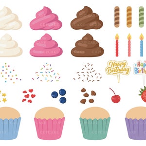 Puede incluir: Un conjunto de elementos para decorar cupcakes, que incluye glaseado blanco, rosa y marrón, chispas, virutas de chocolate, arándanos, una cereza, una fresa, velas y forros para cupcakes en azul, rosa y morado.