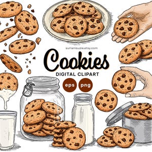 Clipart de biscuits aux pépites de chocolat : ensemble PNG et EPS dessinés à la main (téléchargement numérique)