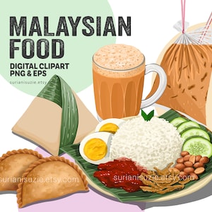 Malaysia Breakfast Clipart, Kuih Karipap, Nasi Lemak, Teh Ais Ikat Tepi, Teh Tarik, EPS, PNG, Vector Graphic for Small Commercial Use