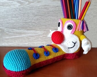 Kids Pencil Holder, Crochet Pencil Organizer, Crochet Pencil Case, Hanmade Crocheted Pencil Case, Kids Desk Organizer, Crochet Clown