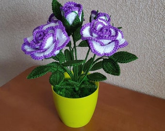 Crochet Rose Flowers Handmade Rose Plant Home Decoration Home Desk Office Decor Crocheted Plant Handmade Gift Idea Crochet Home Decor