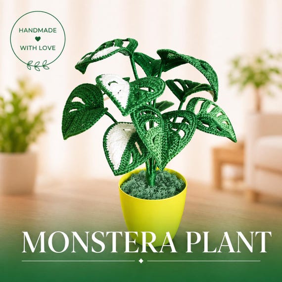 Crochet Monstera Plant, Tropical Leaf Decor, Handmade Botanical Accent,  Plant Lover Gift, Shelf Styling