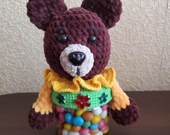 Kids Teddy Bear Toy, Kids Birthday Gift, Handmade Crochet Toy, Crocheted Bear Toy, Kids Snack Storage, Kids Room Decor, Kids Treat Holder