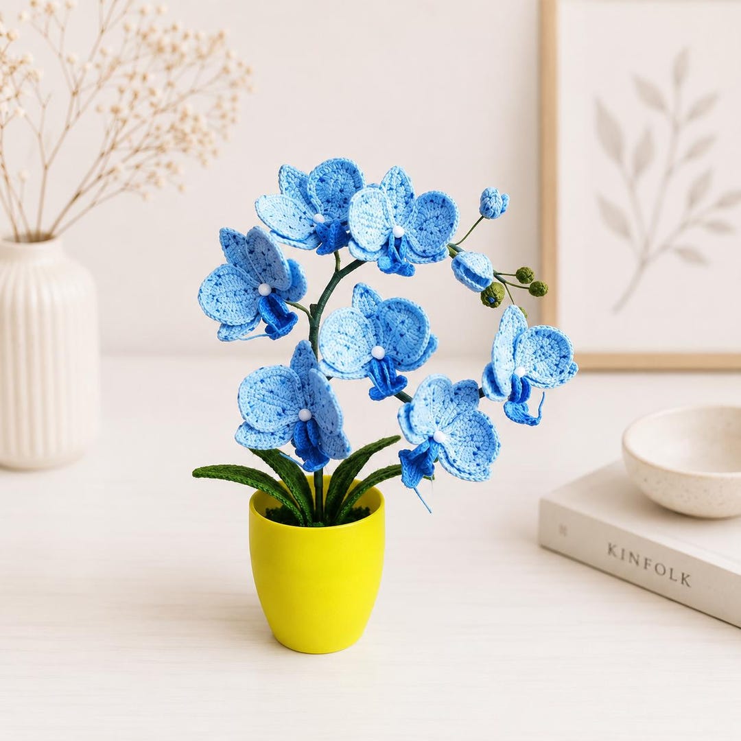 Crochet Orchid Plant, Handmade Flower Decor, Faux Houseplant