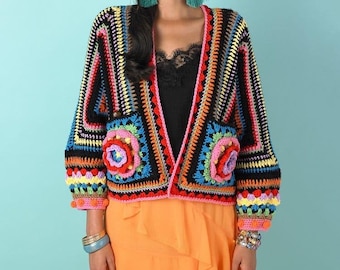 Colorful cardigan woman , crochet sweater, knitted sweater,wool sweater,frida kahlo