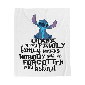 Manta Disney "Ohana significa familia", manta Disney para vacaciones familiares, manta acogedora Stitch Ohana, regalo familiar de Disney World imagen 3