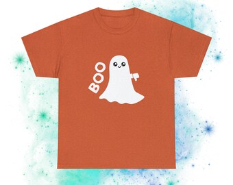 May include: Orange t-shirt with a white ghost graphic and the word "BOO" printed on the shirt.