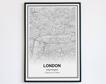 London Map Print, Map of London Wall art printable London city Thames river bridge Digital Download print poster home office school class