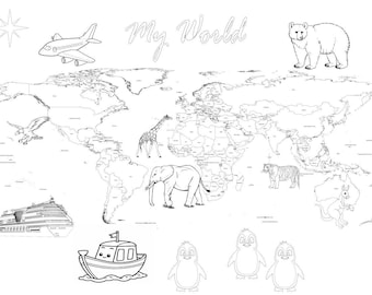 World Map Coloring Page | Animals, Travel Tracker (PDF & JPEG)
