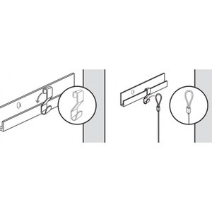 May include: A diagram showing two ways to hang a picture using a hanging system. The first method shows a hook being inserted into a track. The second method shows a wire being attached to a hook on the track.