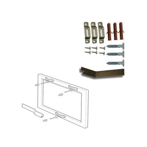 May include: A set of picture hanging hardware, including two metal D-rings, four screws, four plastic anchors, and a metal corner brace. The hardware is shown assembled on a picture frame.