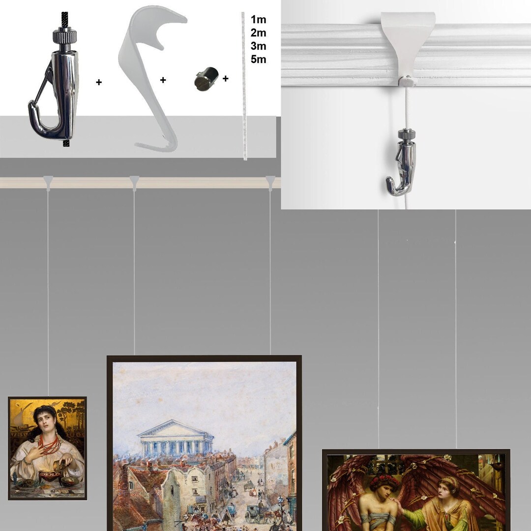 Picture Rail Hooks & Cords for Moulding Hook With White Wire Rope Cable Kit Security Traditional