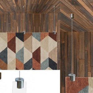 Può includere: Un sistema di sospensione argentato per l'esposizione di tappeti o arazzi. Il sistema comprende un cavo argentato e un gancio argentato con un rivestimento in plastica trasparente. Il cavo è fissato al soffitto e il gancio è fissato al tappeto.