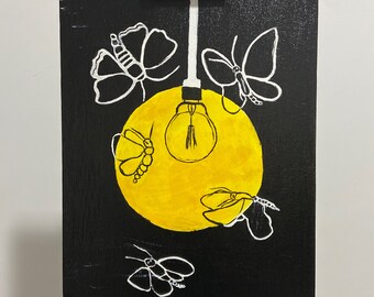 Peinture originale sur les mites et les bulbes, acrylique sur carton entoilé. Illustration de papillons de nuit et de papillons. Trouvez le light painting. Mourir pour la lumière.