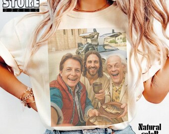 Funny Back to the Future Jesus Meme Shirt, Marty McFly Doc Brown Selfie Tee, 80s Retro Movie Mashup T-Shirt, Time Travel Meme Top