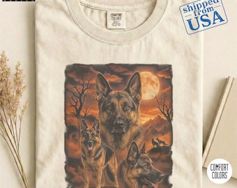 German Shepherd Ivory Comfort Colors® Graphic Tee, Vintage Dog Dad Shirt, Retro Moon and Wolf Style Dog Tee, Gift for Dog Lover