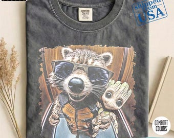 Raccoon and Baby Groot Comfort Colors Shirt | Comic Style Guardians Design Vintage Tee, Retro Movie Character Shirt, Raccoon Graphic Tee