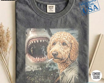 Labradoodle Shark Comfort Colors 1717 Shirt, Funny Dog Smoking Cigarette Tee, Vintage 90s Style Graphic Shirt, Goldendoodle Fan Gift