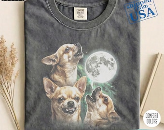 Chihuahua Howling to the Moon Comfort Colors® Shirt, 90s Retro Animal Graphic Tee, Chihuahua Mom Gift, Full Moon Animals Tee, Silly Dog Tee