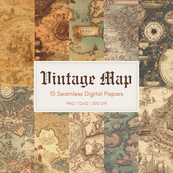 Vintage Map Digital Paper Pack, Seamless Backgrounds, PNG, Digital Download