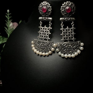 Indian Dangle Jhumka Set Available With Pink Simulated Gemstone German Silver Earrings Anniversary Gifts For Her image 5