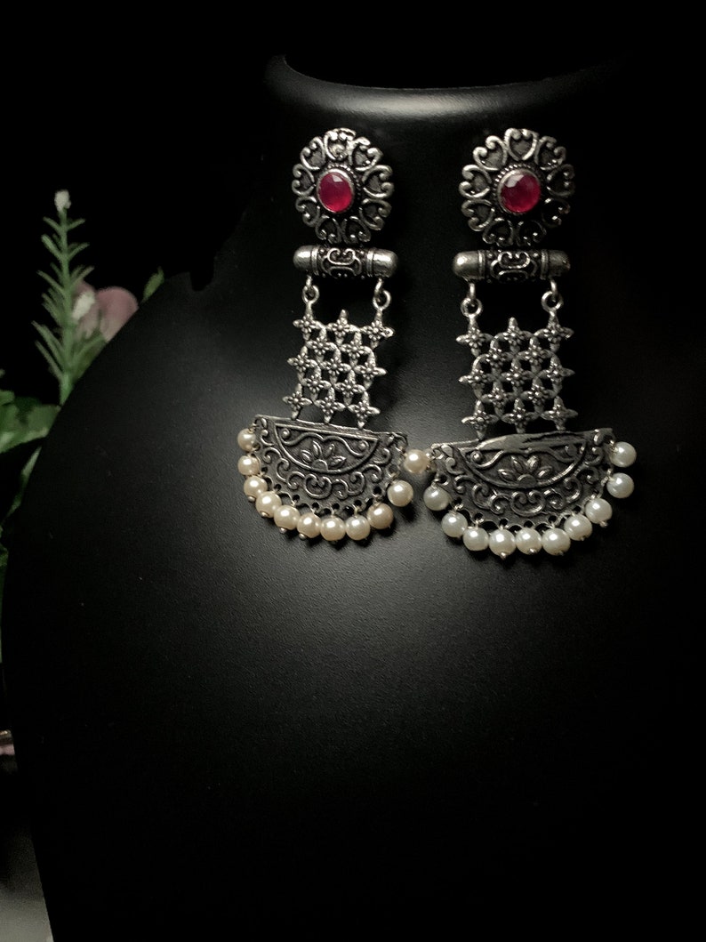 Indian Dangle Jhumka Set Available With Pink Simulated Gemstone German Silver Earrings Anniversary Gifts For Her image 5